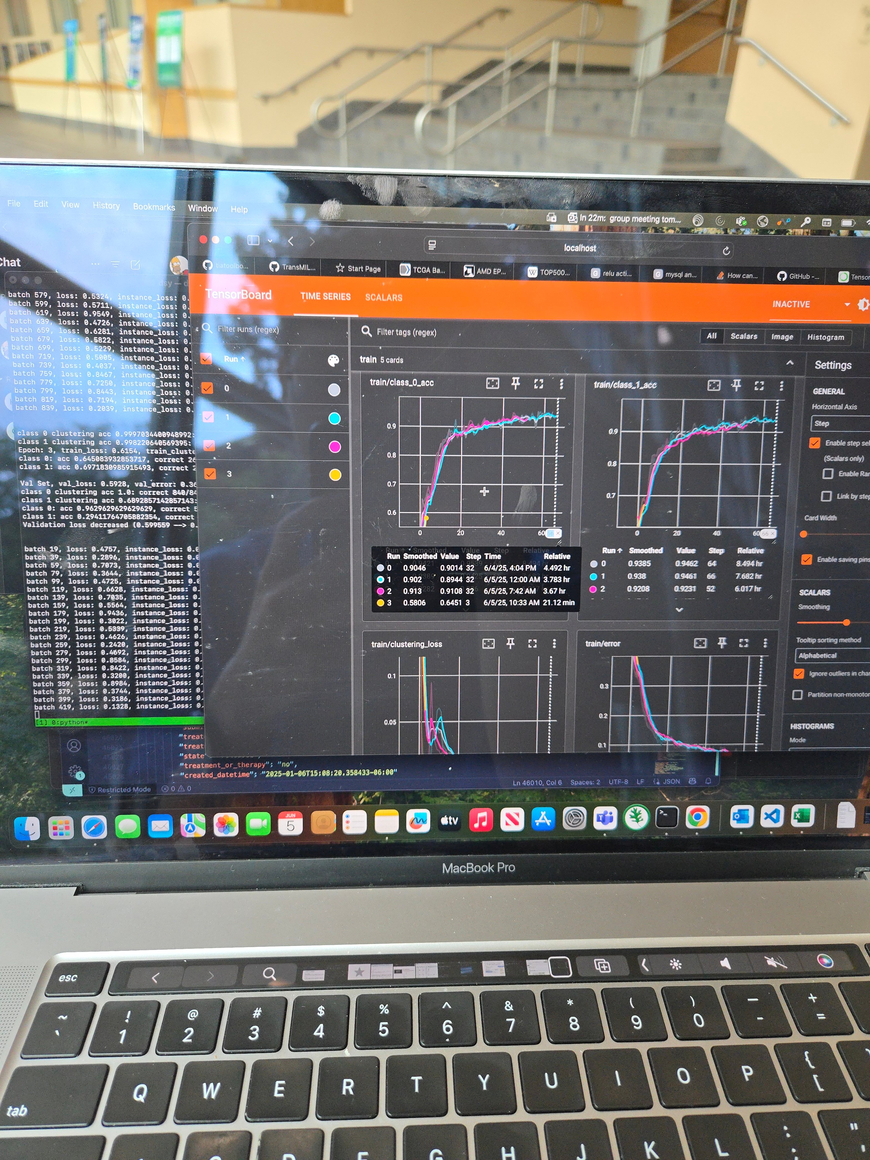 Training dashboards and experiment metrics displayed on a laptop during the ORNL internship